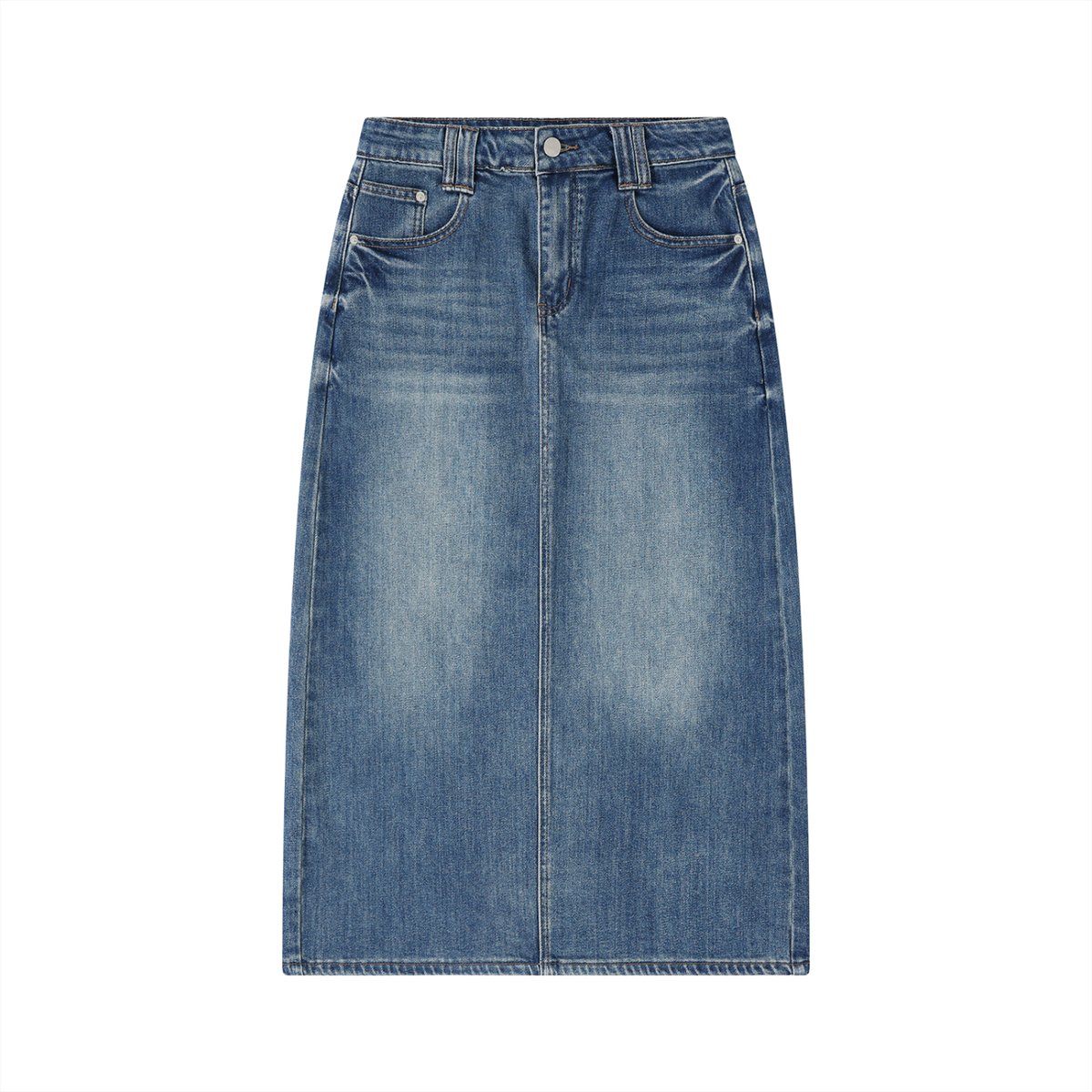 Blue denim skirt on a white background