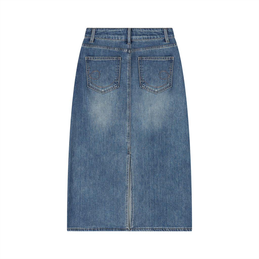 Blue denim skirt on a white background