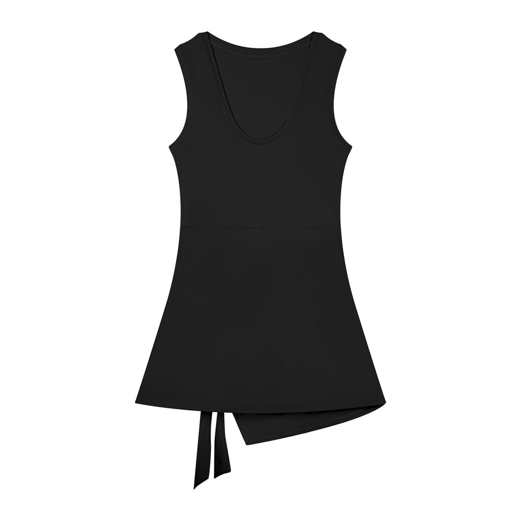 Black sleeveless dress with a tie detail on a white background