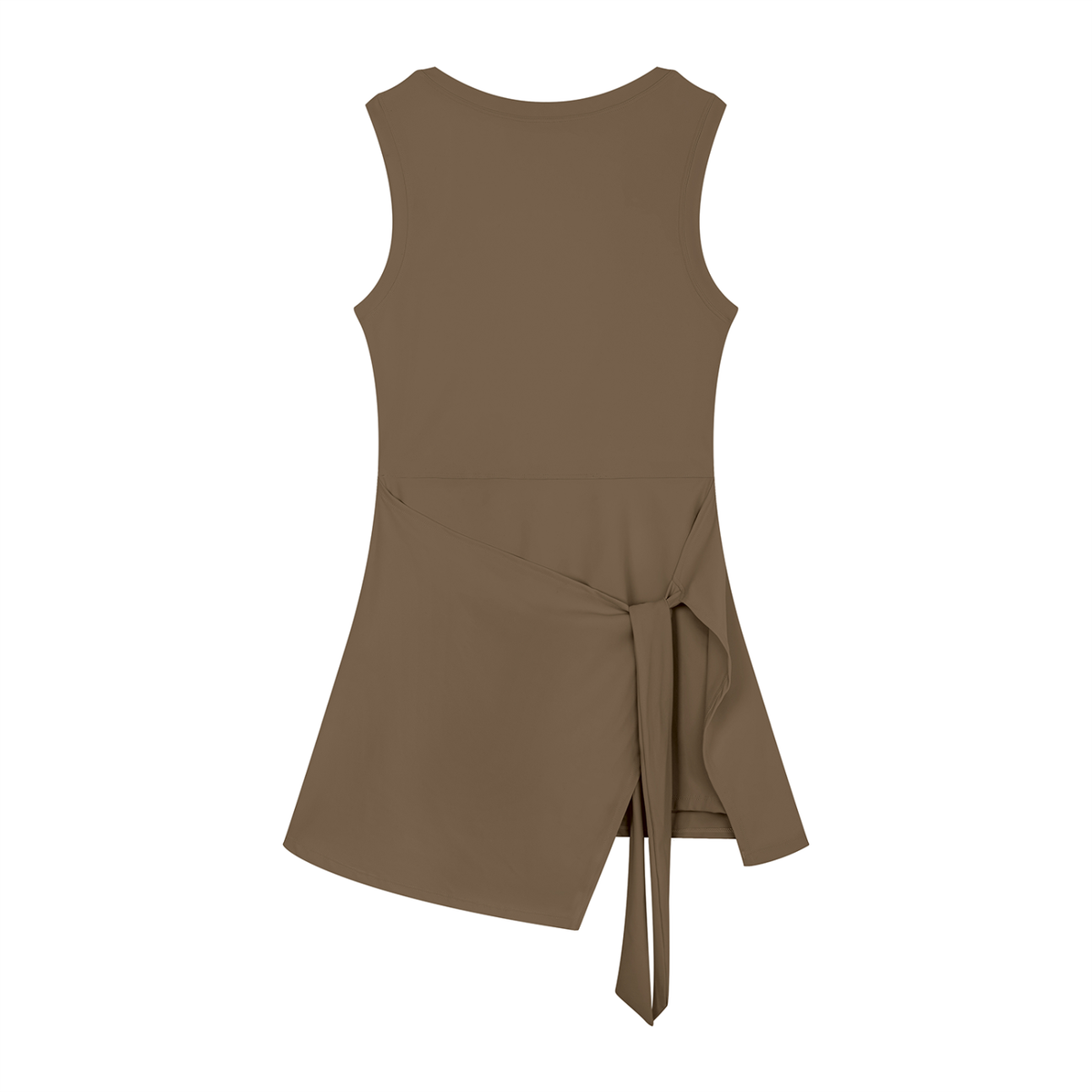 Brown sleeveless dress with a tie detail on a white background