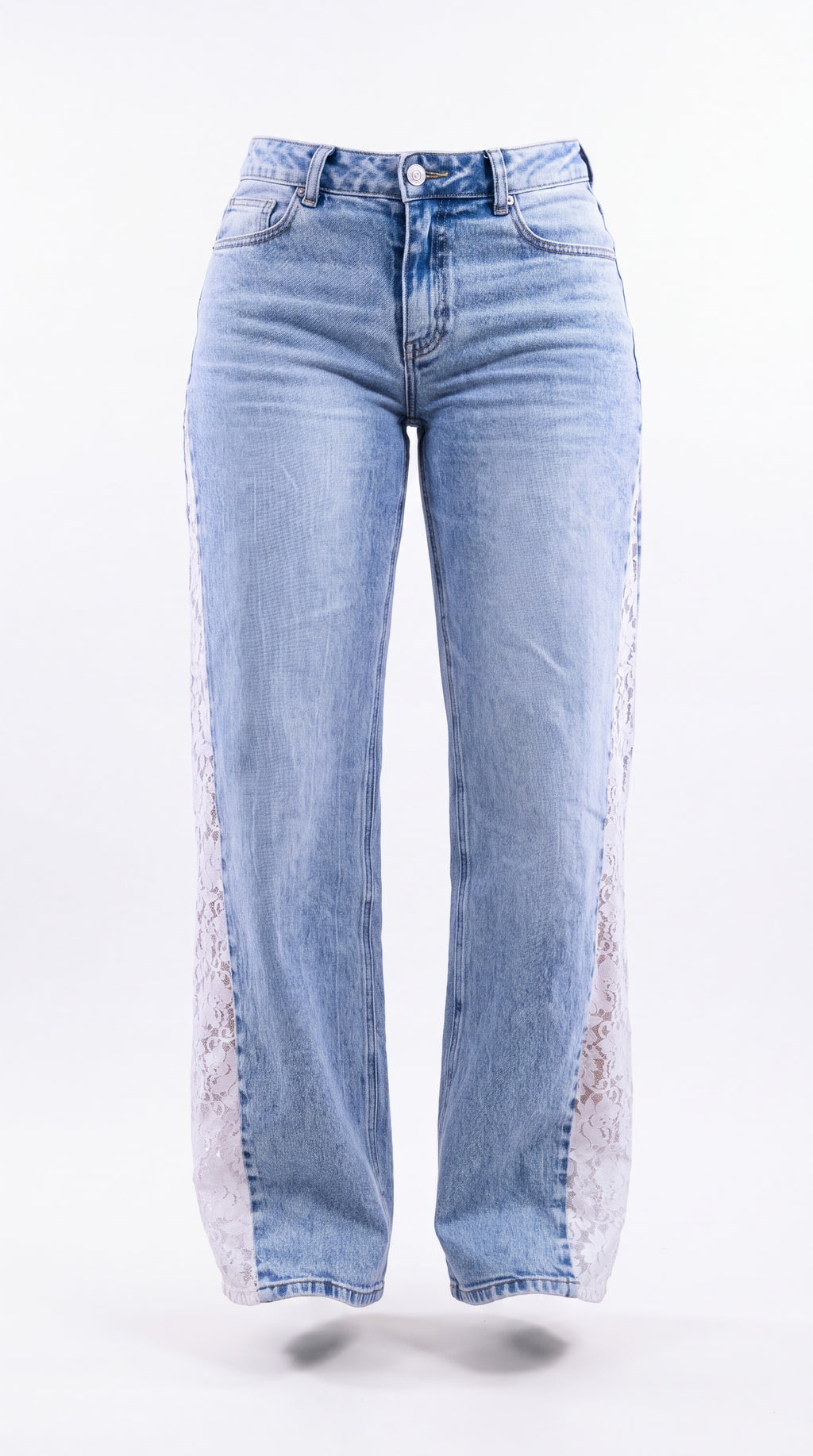 Light blue denim jeans with sheer lace panels running down the outer sides of the legs, shown against a plain white background.