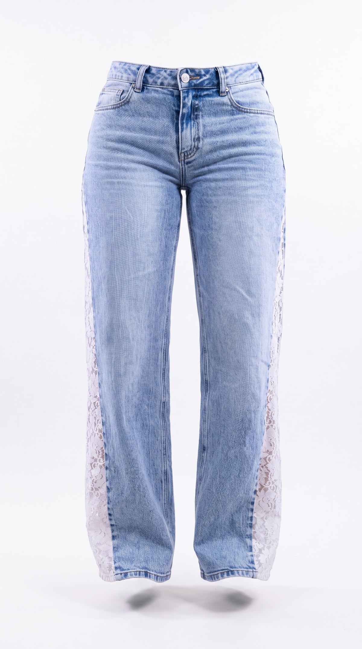 Light blue denim jeans with sheer lace panels running down the outer sides of the legs, shown against a plain white background.