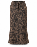 A brown and black leopard print denim midi skirt with a button closure and front zipper detail, shown against a plain white background.