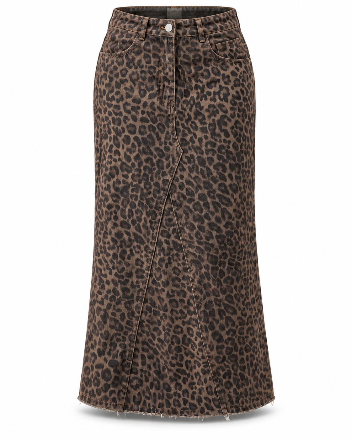 A brown and black leopard print denim midi skirt with a button closure and front zipper detail, shown against a plain white background.
