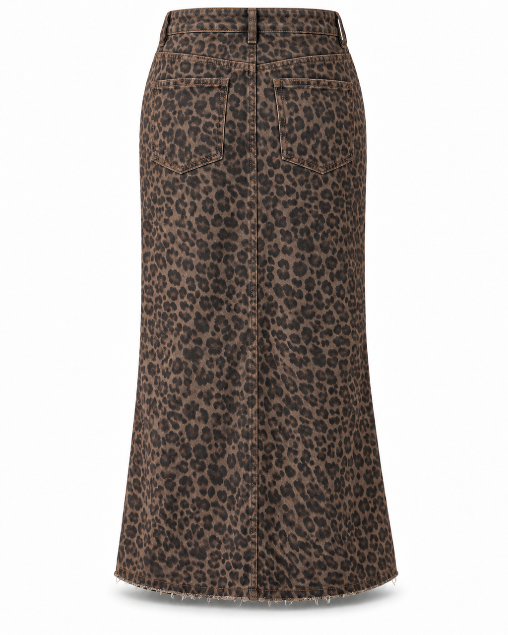 A brown and black leopard print denim midi skirt shown from the back, featuring two back pockets and a frayed hem, on a white background.