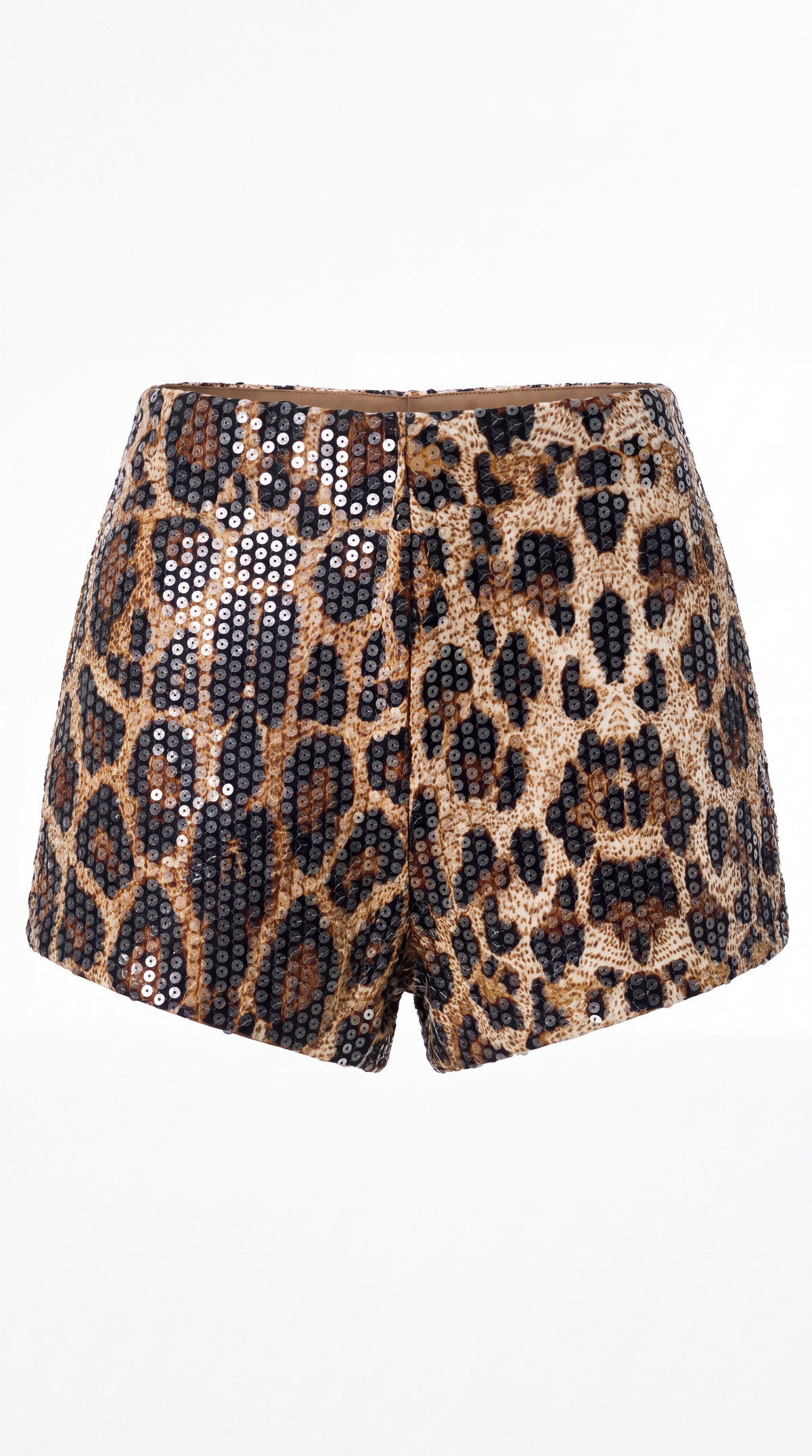 Leopard print shorts covered in small silver sequins, shown against a plain white background.