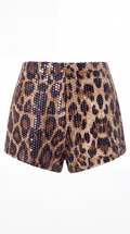 Leopard print sequin shorts with a high waist and front zipper, shown against a plain white background.
