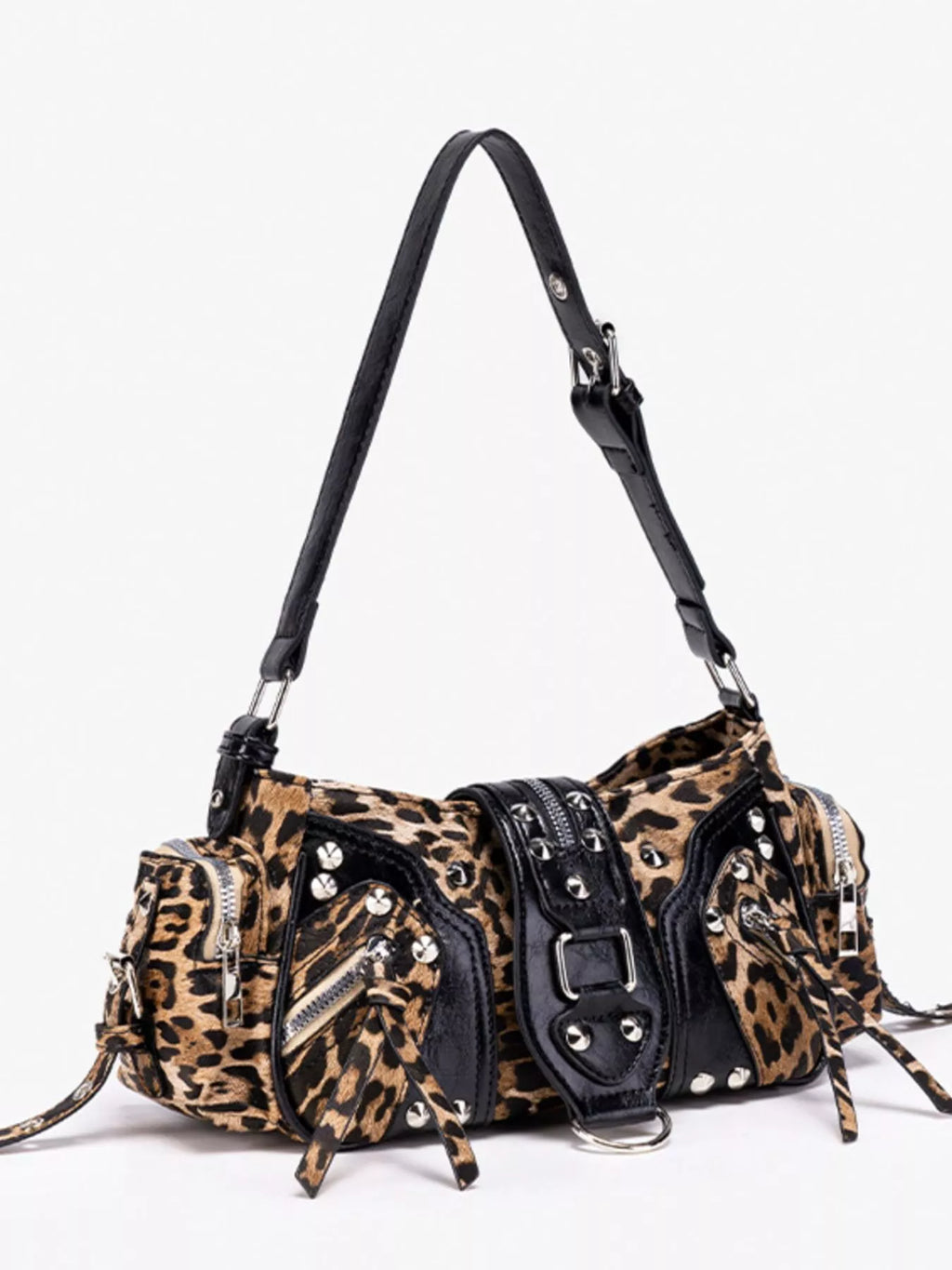 A studded leopard-print shoulder bag with black faux-leather straps, buckles, and silver-tone hardware, shown on a plain white background.