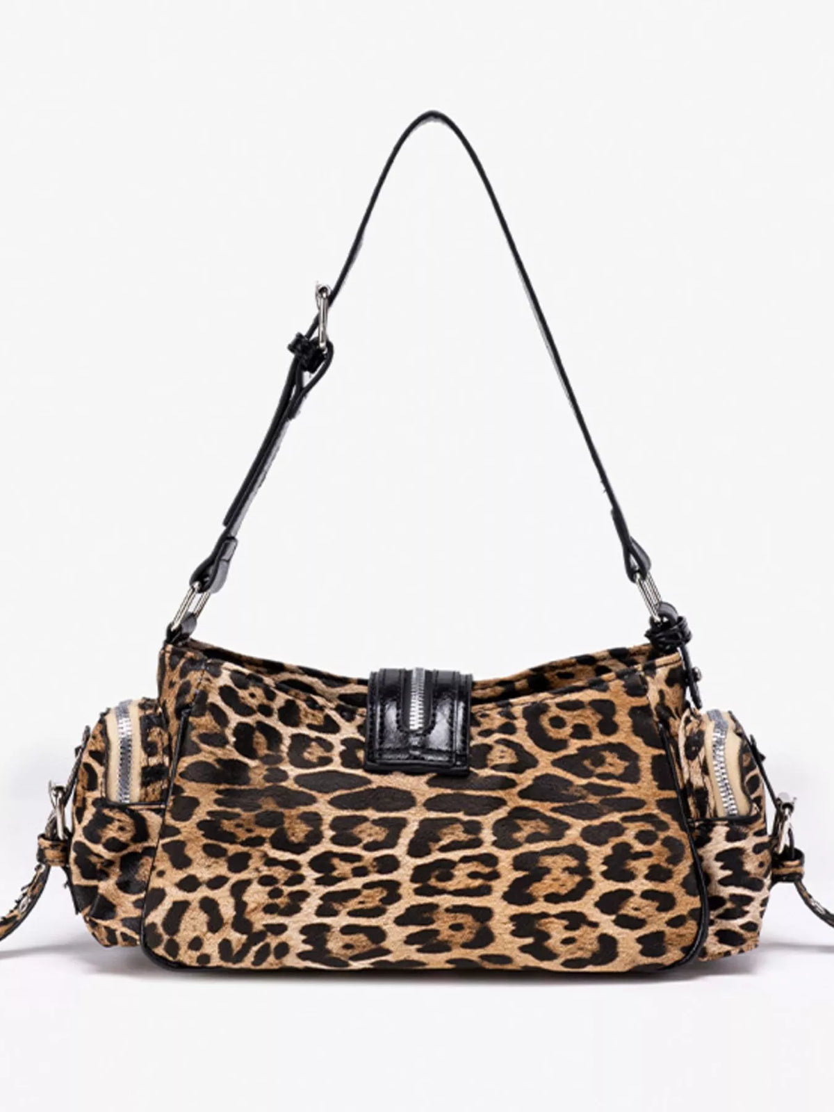 A leopard print shoulder bag with black leather trim and a long shoulder strap, shown against a plain white background.