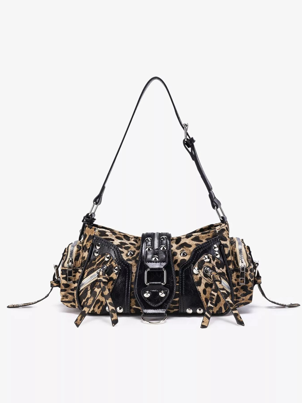 A leopard print shoulder bag with black leather trim, silver-tone hardware, and a long black shoulder strap, photographed against a plain white background.