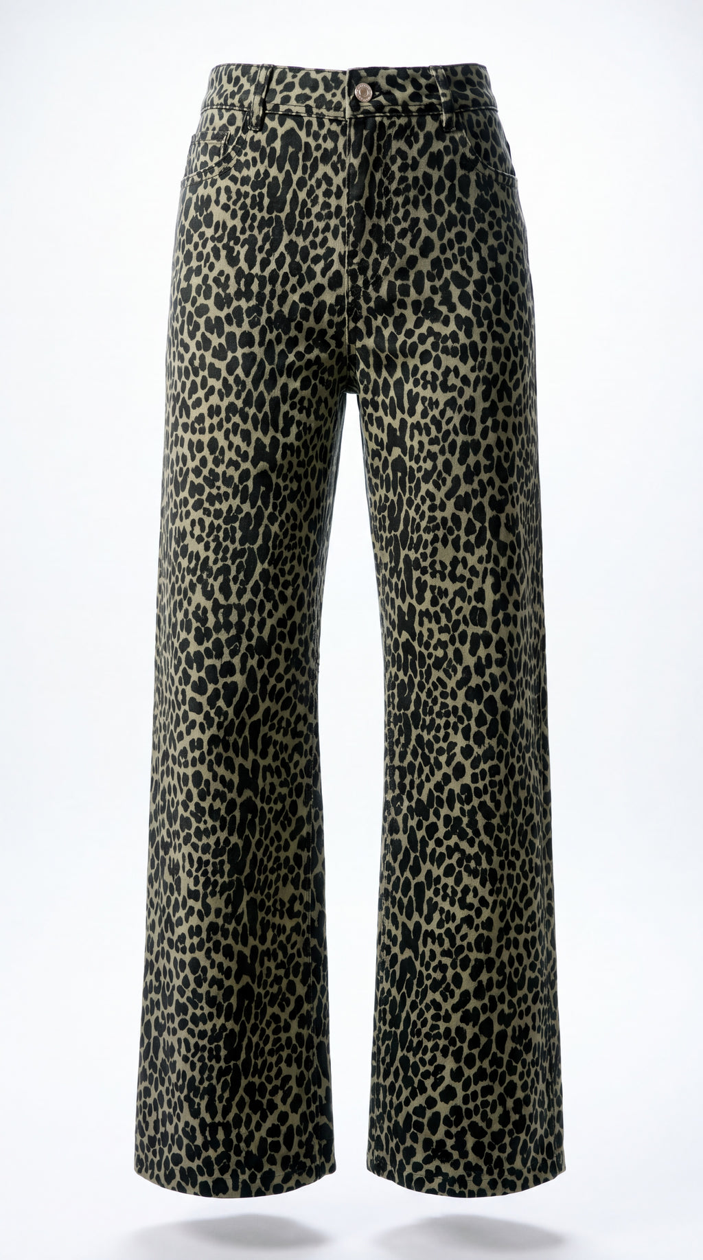 Wide-leg trousers featuring a bold leopard print pattern in black and beige, shown against a plain white background.