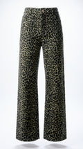 Wide-leg trousers featuring a bold leopard print pattern in black and beige, shown against a plain white background.