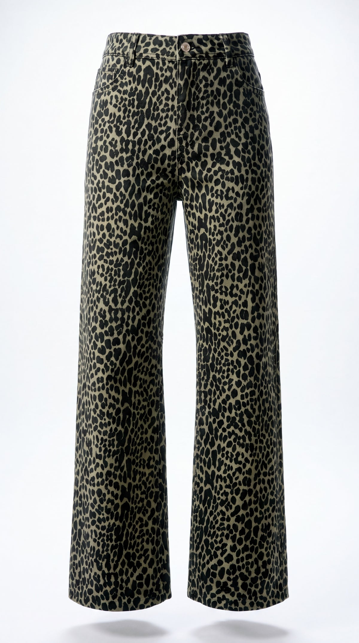 Wide-leg trousers featuring a bold leopard print pattern in black and beige, shown against a plain white background.