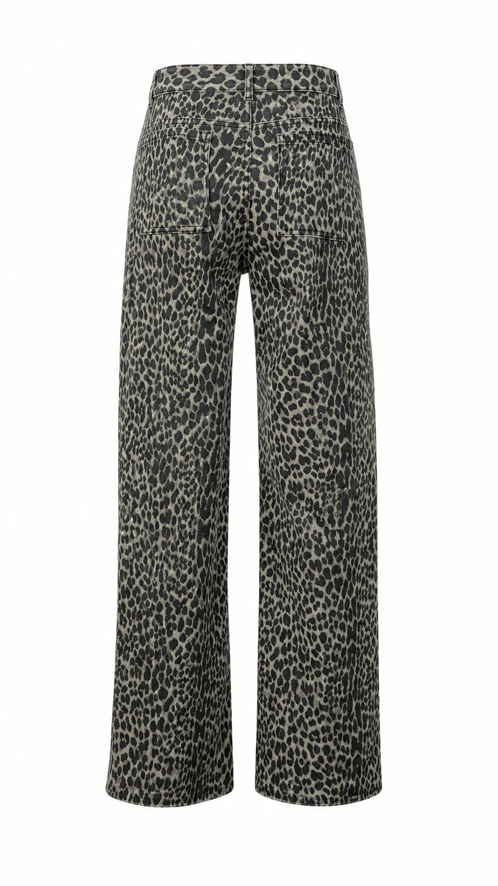 Wide-leg cropped pants featuring an all-over leopard print pattern in black and beige, shown from the back on a plain white background.