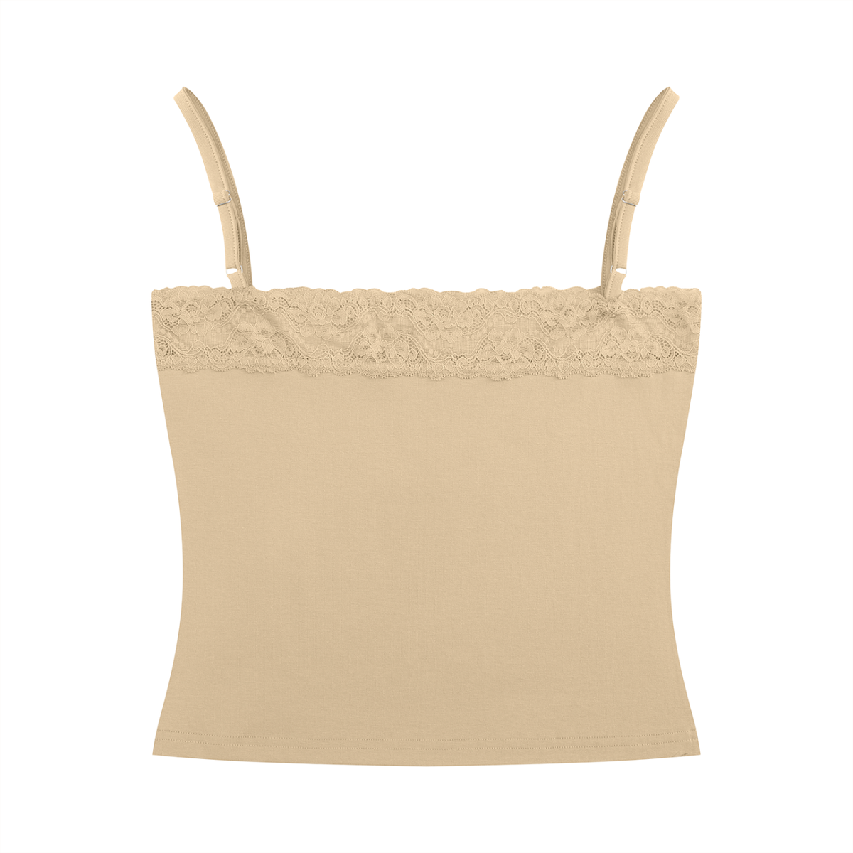 A beige camisole-style top with thin shoulder straps and a lace band across the upper chest, shown on a plain white background.