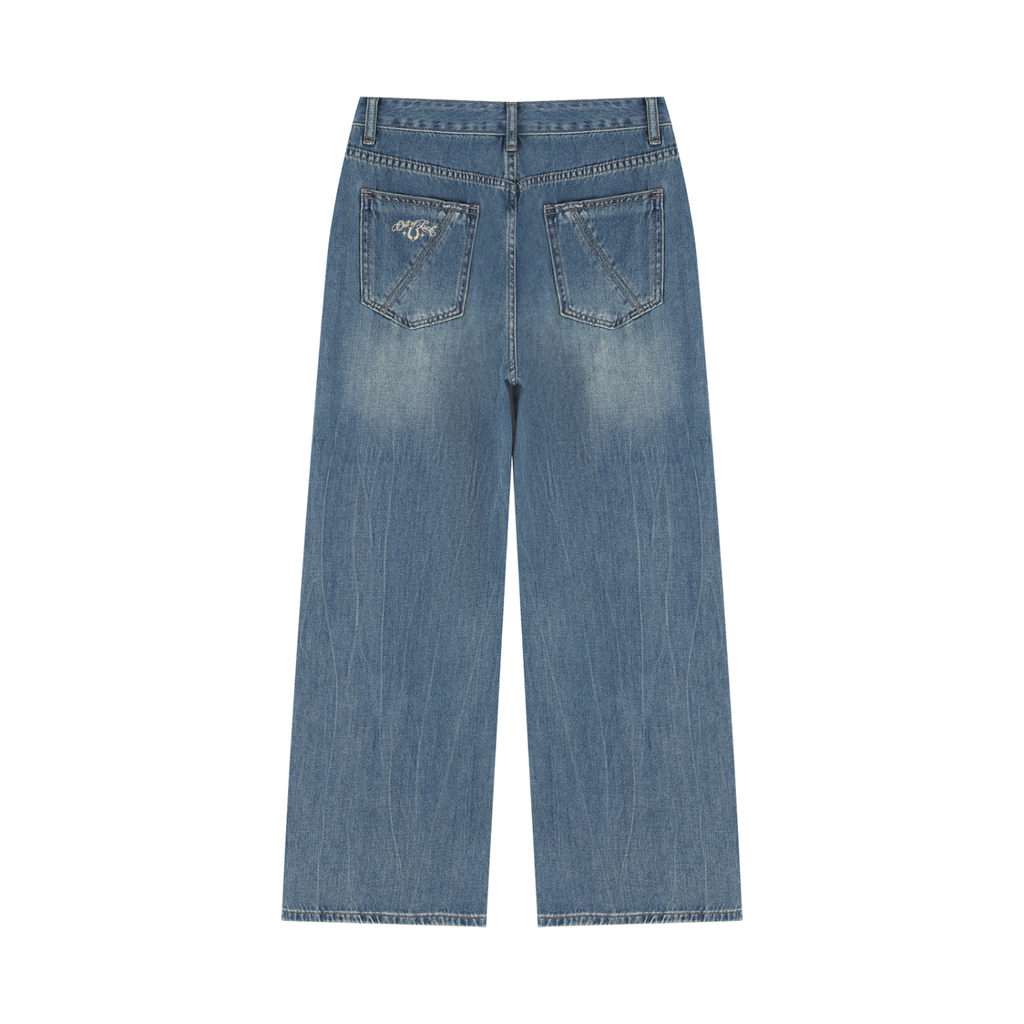 A pair of light blue denim jeans shown from the back, featuring a straight-leg fit and classic pocket details, isolated on a white background.