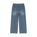 A pair of light blue denim jeans shown from the back, featuring a straight-leg fit and classic pocket details, isolated on a white background.