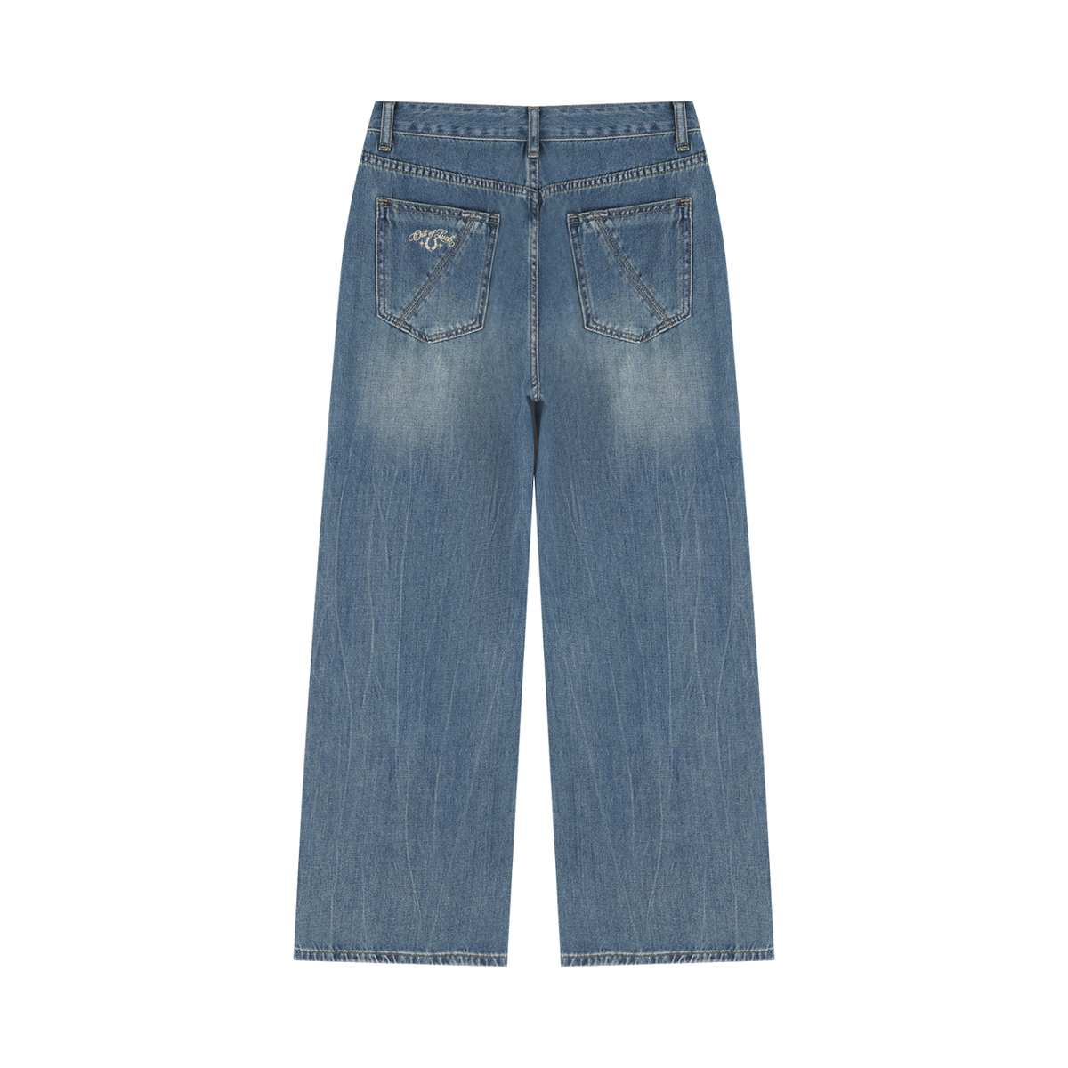 A pair of light blue denim jeans shown from the back, featuring a straight-leg fit and classic pocket details, isolated on a white background.