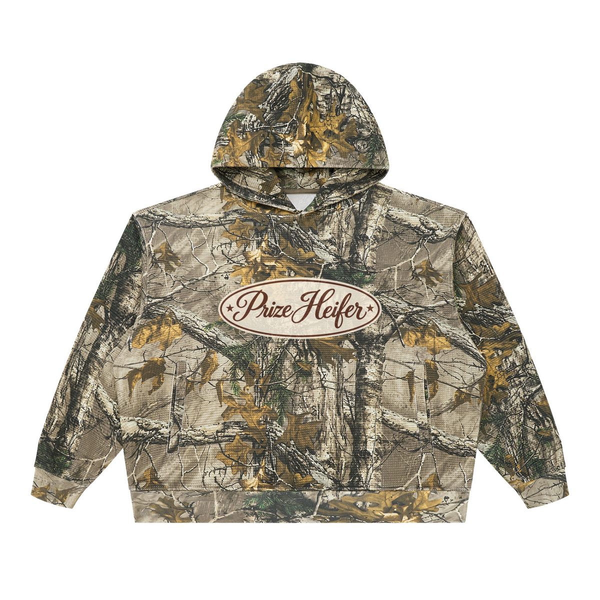 A camouflage pullover hoodie with a realistic woodland tree-bark and leaf pattern in beige, brown, green, and gray tones. It features a central oval chest logo that reads 'Prize Keeper' in black script on a cream background.