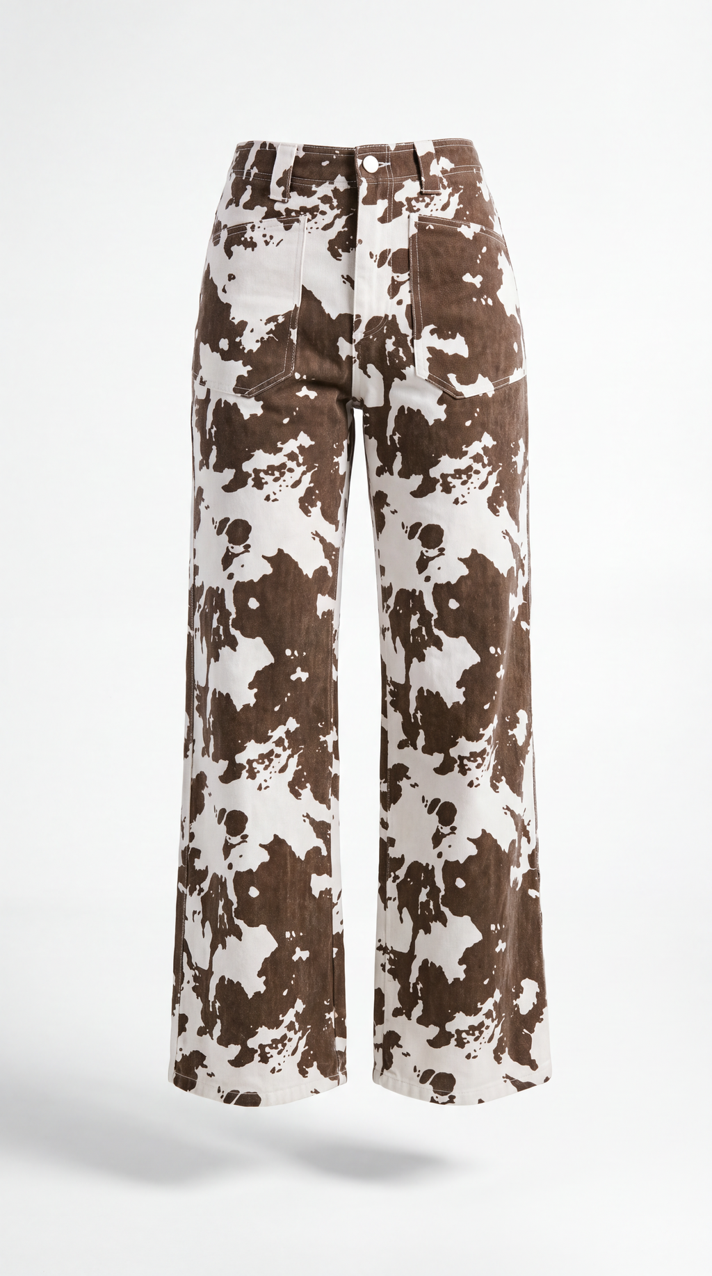 A pair of wide-leg cropped pants featuring a brown and off-white mottled, paint-splatter pattern, shown against a plain white background.