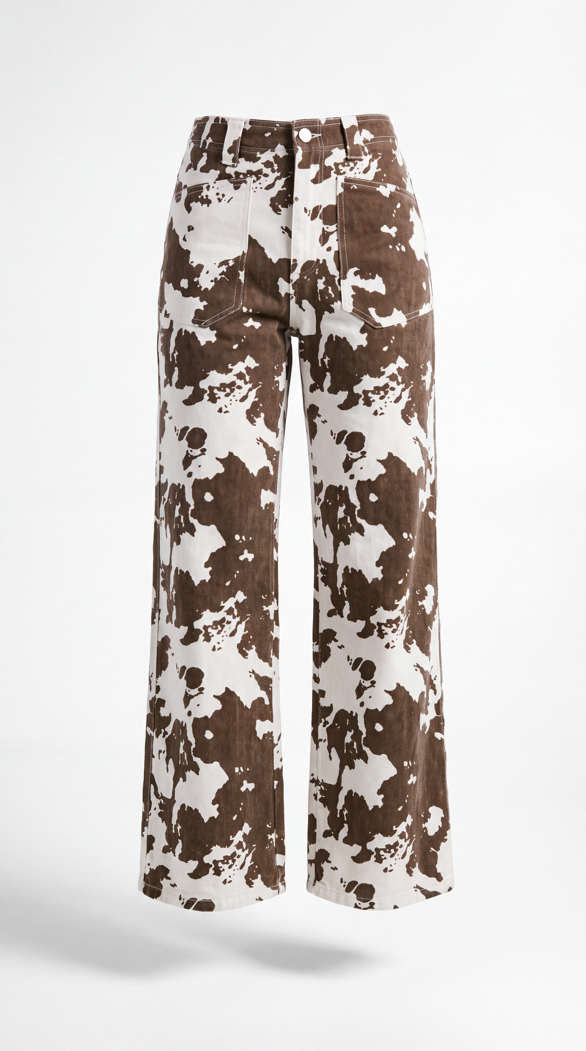 A pair of wide-leg cropped pants featuring a brown and off-white mottled, paint-splatter pattern, shown against a plain white background.