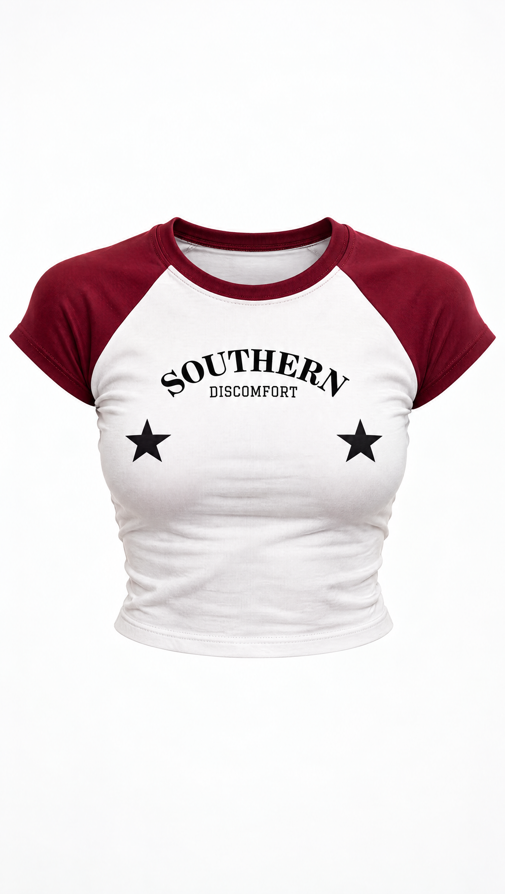 A short-sleeve raglan t-shirt with a white body and dark red sleeves, featuring the text 'SOUTHERN DISCOMFORT' and two black stars on the front, displayed on a clean white background.