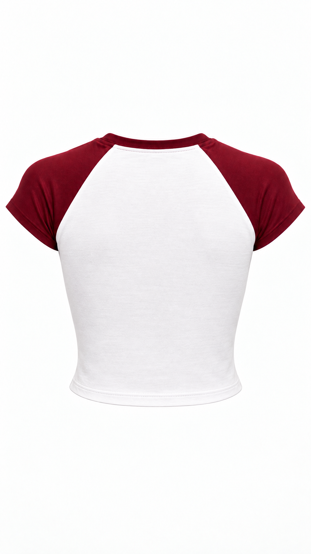 A short-sleeve crop top with a white body and dark red raglan sleeves, shown against a plain white background.