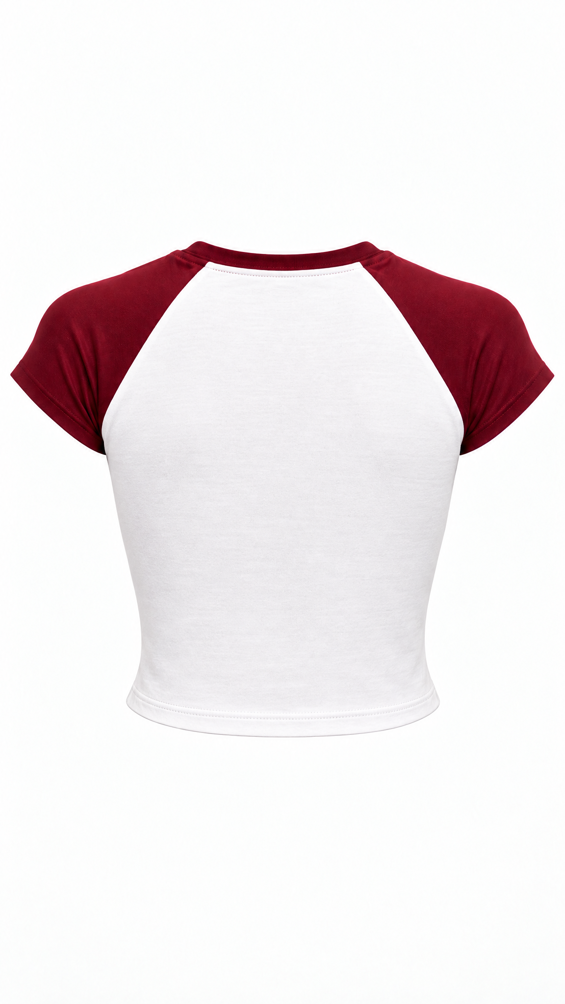 A short-sleeve crop top with a white body and dark red raglan sleeves, shown against a plain white background.