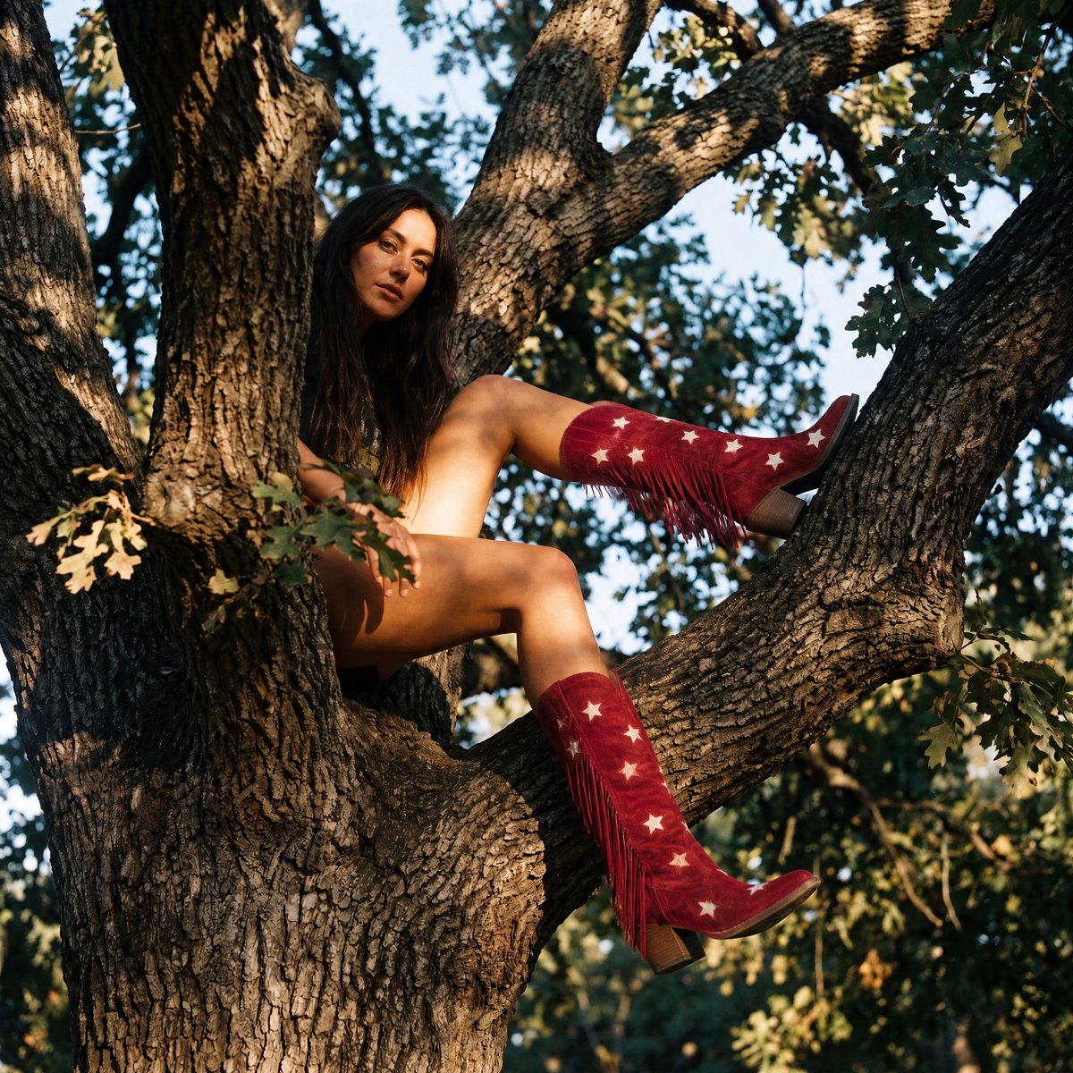 A woman sits in the branches of a large tree wearing red fringe boots with white star patterns. The background consists of the tree bark and green foliage.