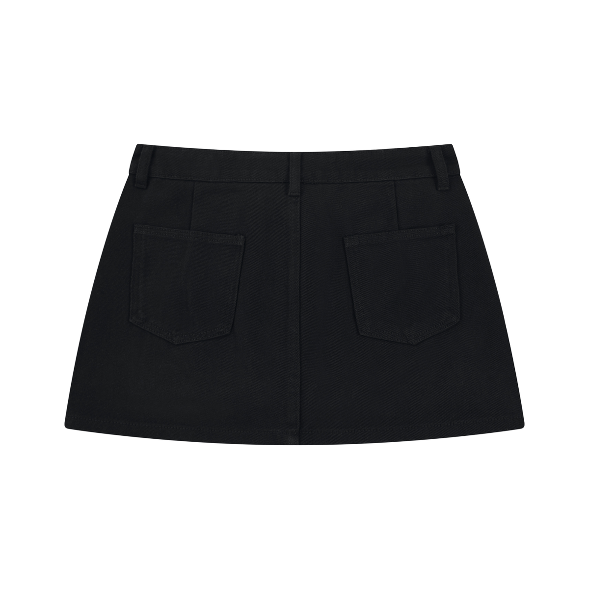 Black denim mini skirt shown from the back, featuring two large patch pockets and a straight waistband, photographed on a solid white background.