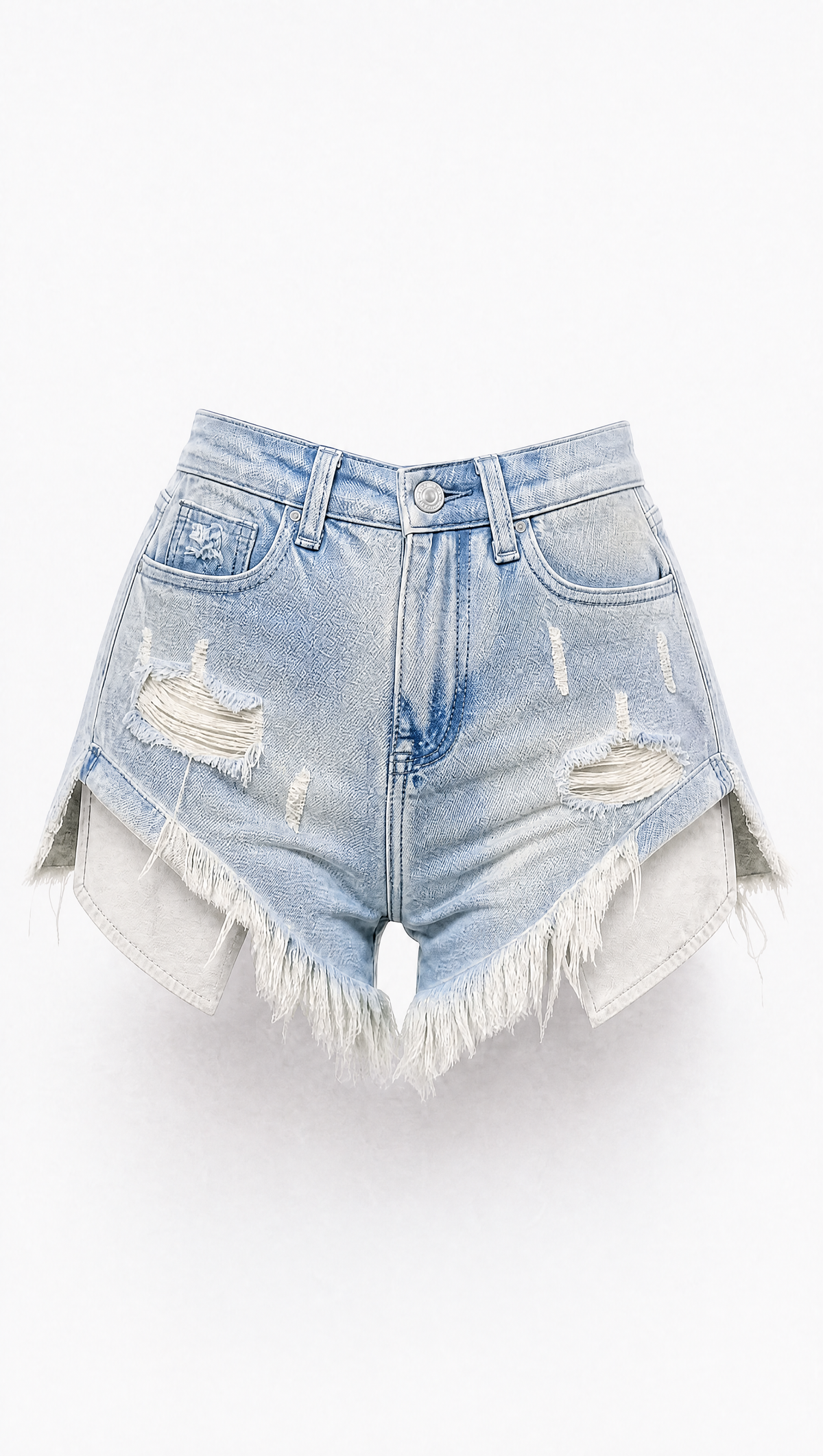 Light wash blue denim shorts with distressed rips, frayed hems, and a layered fringed hem detail, shown against a plain white background.