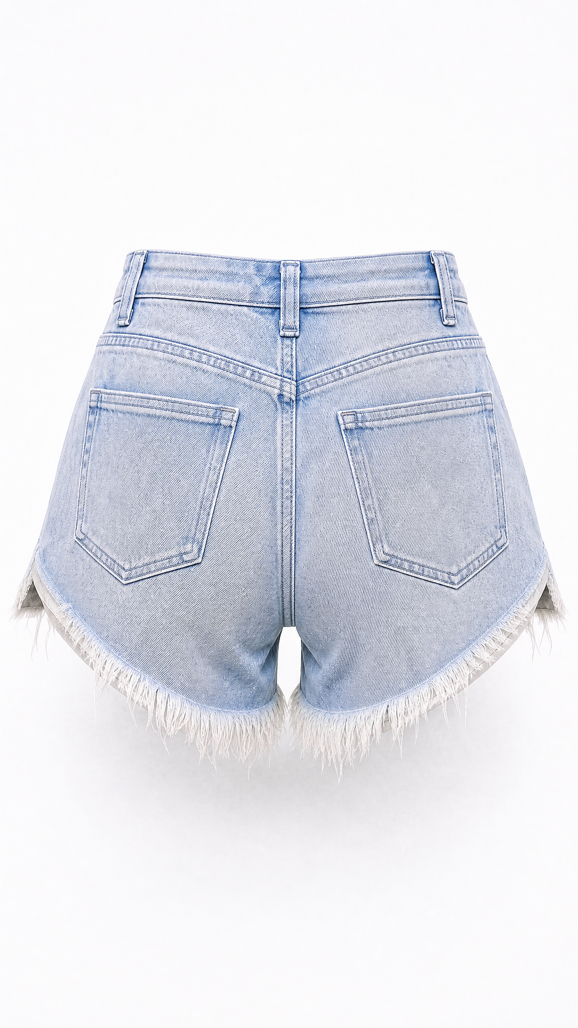 Light wash blue denim shorts with a raw frayed hem, shown from the back on a white background.