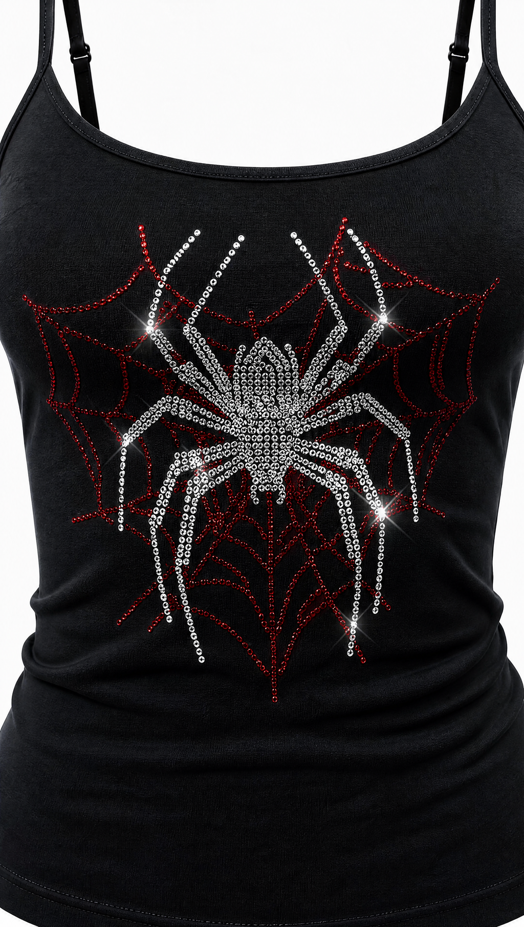 A black camisole tank top featuring a large rhinestone spider and web design on the front, shown on a model against a white background.