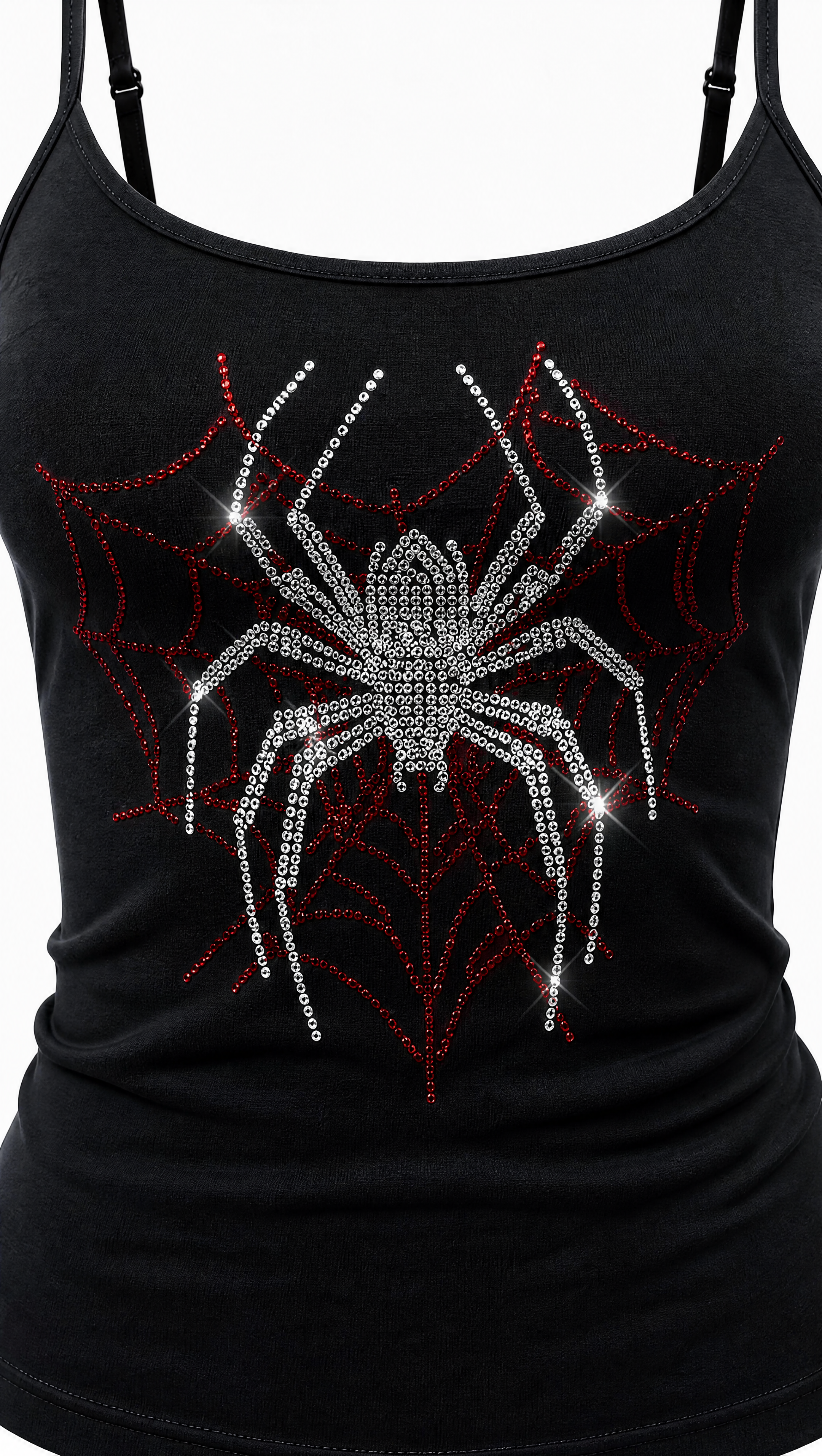 A black camisole tank top featuring a large rhinestone spider and web design on the front, shown on a model against a white background.