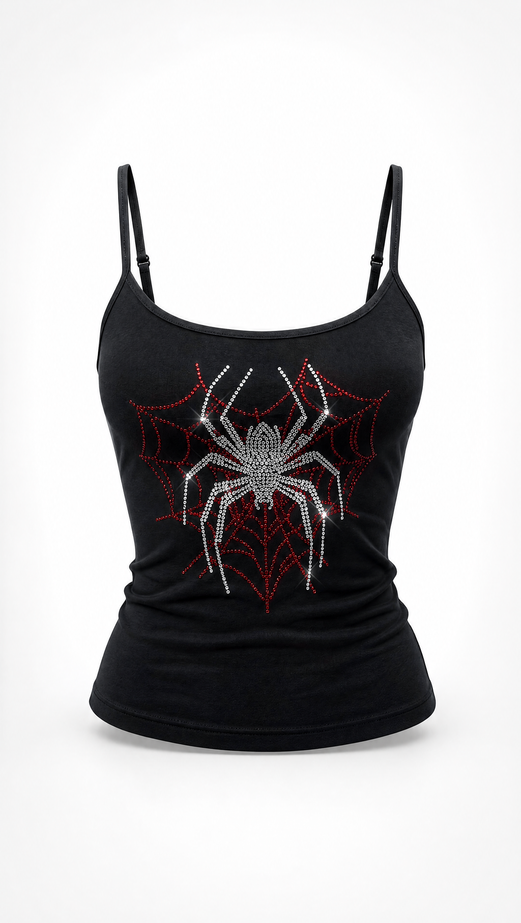 A black spaghetti-strap camisole tank top featuring a rhinestone-embellished spider and web graphic on the front, displayed on a white background.