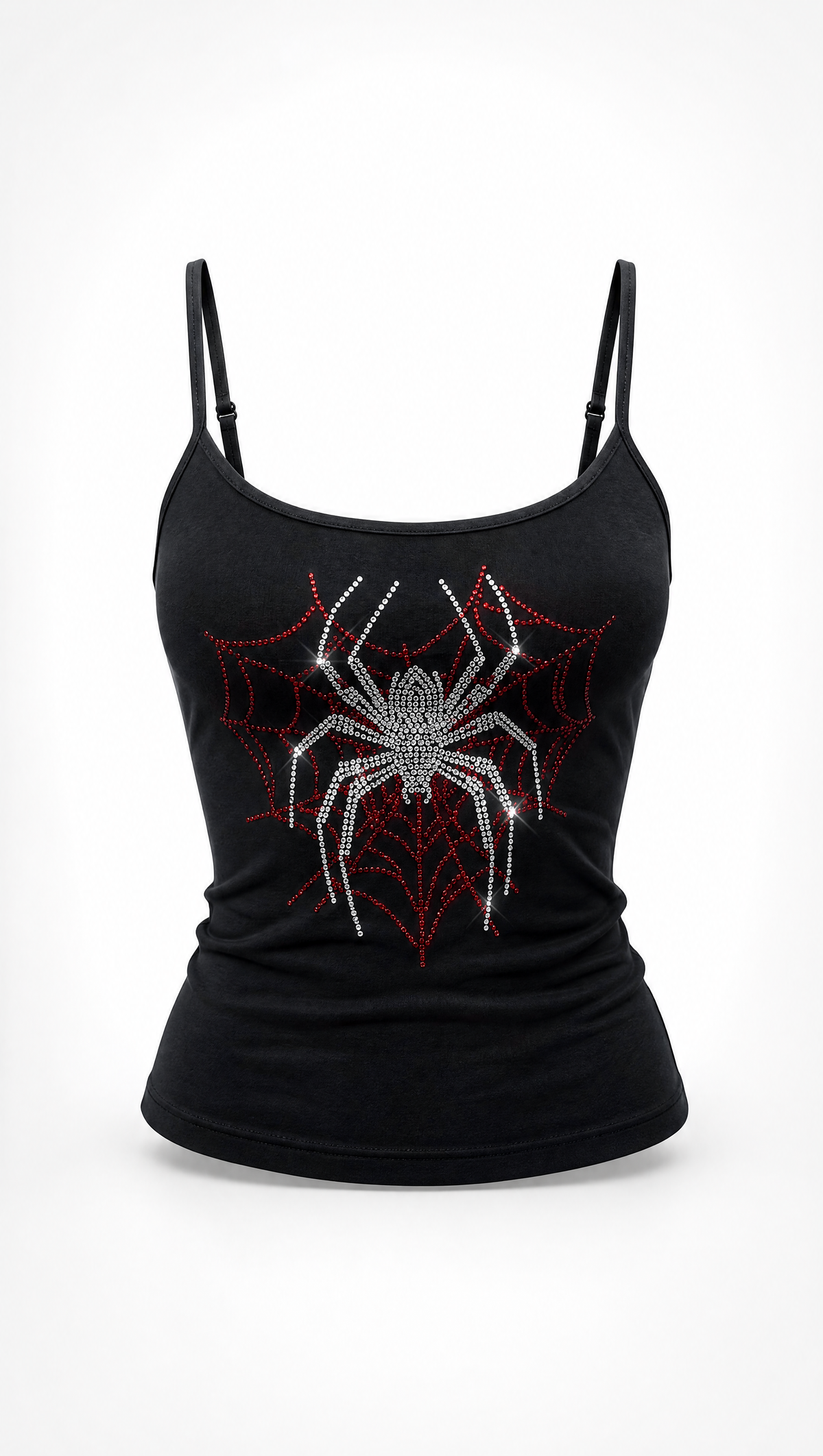 A black spaghetti-strap camisole tank top featuring a rhinestone-embellished spider and web graphic on the front, displayed on a white background.