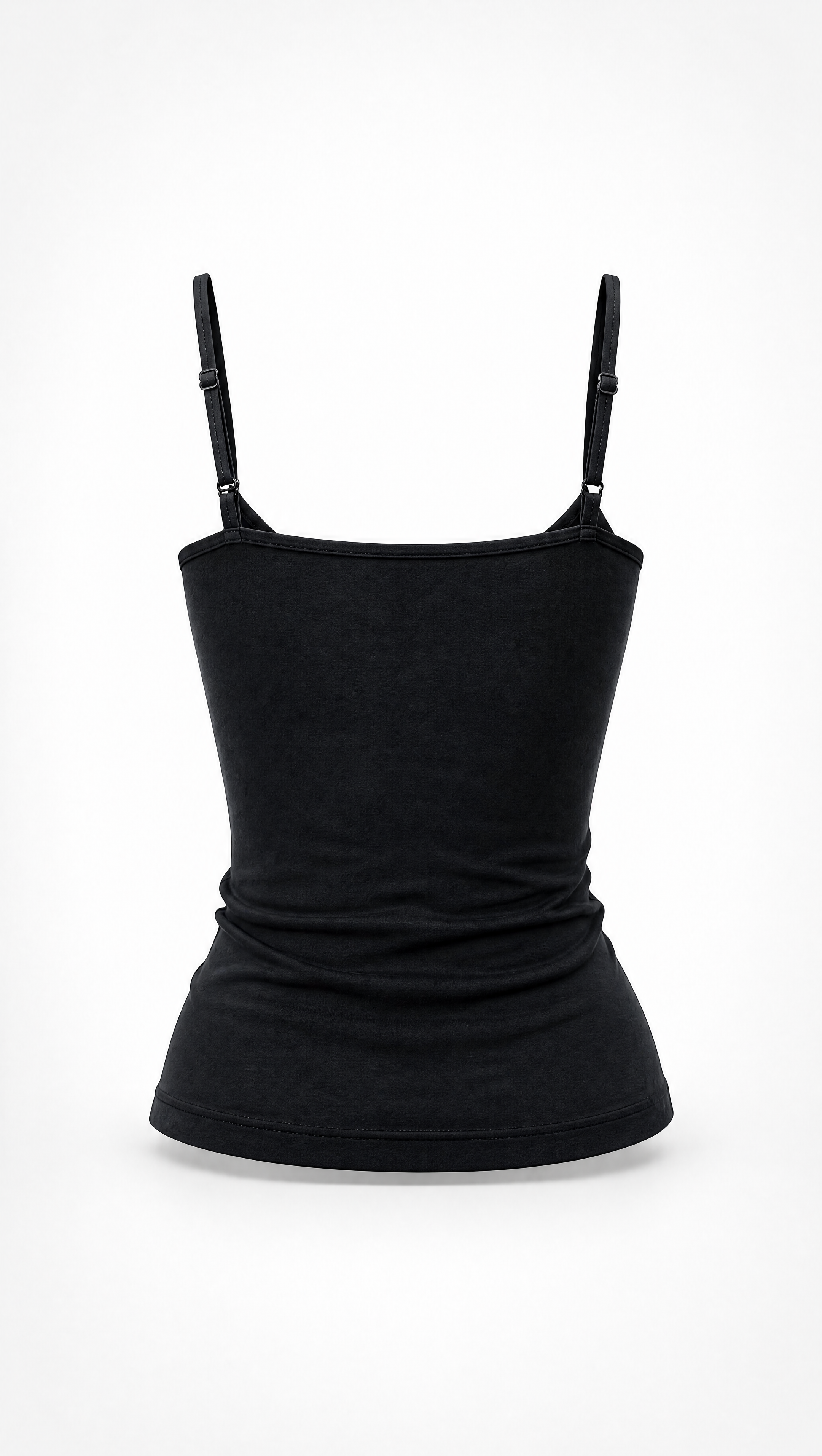 A black ribbed camisole tank top with thin shoulder straps, displayed on a white studio background.